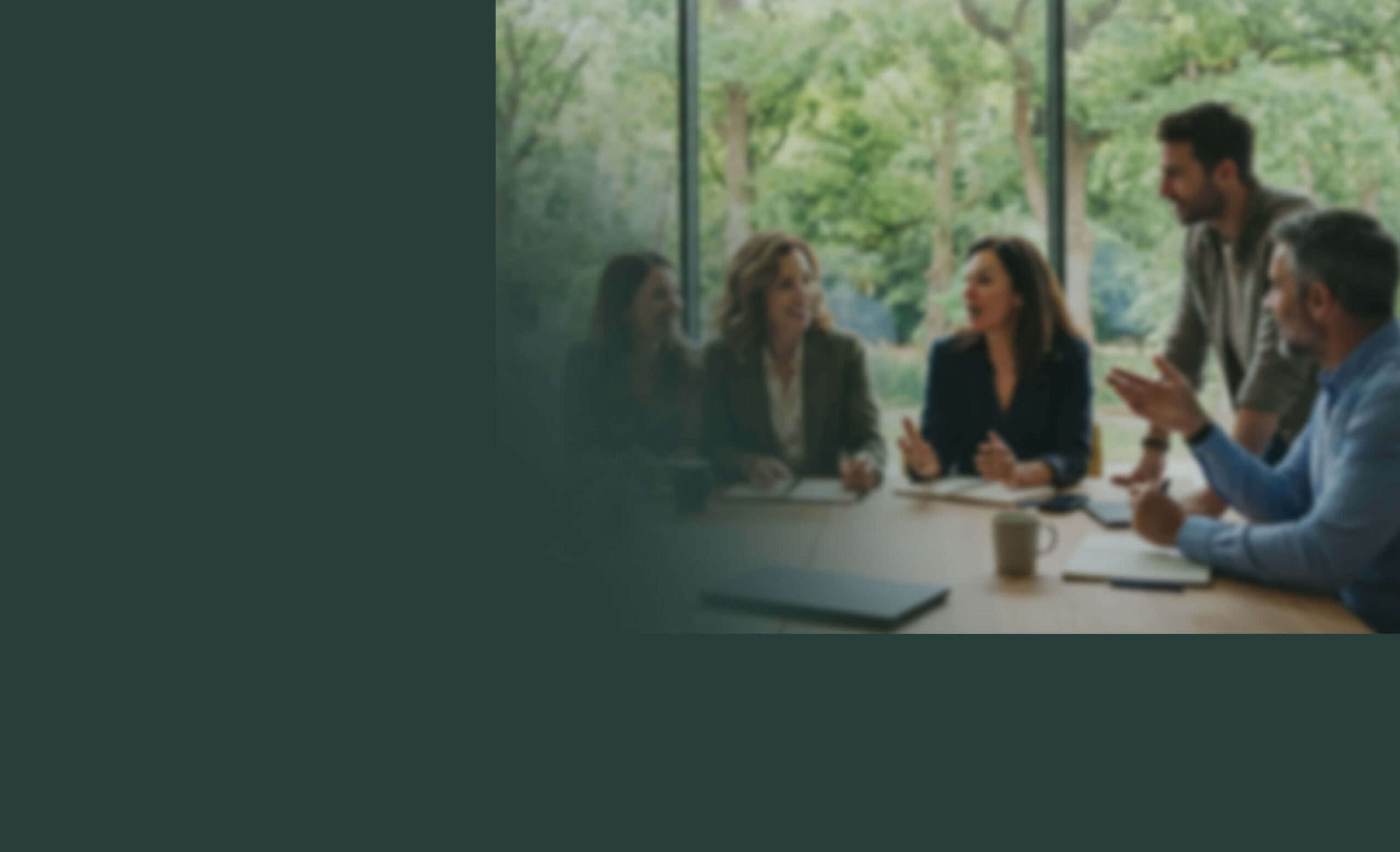 Group conversation in the office with forest view